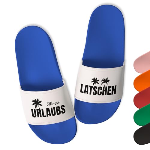 Badelatschen für Damen & Herren personalisiert „LATSCHEN“ – Schlappen personalisiert mit Namen Badeschlappen Hausschuhe Strand Sauna Urlaub Slipper - Geschenk-Idee Geburtstag Mann (Royalblau, Gr. 39) von True Statements