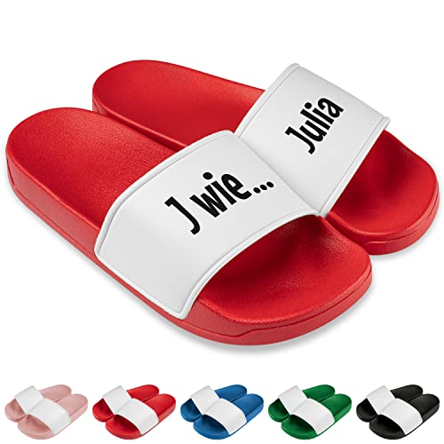 Badelatschen personalisiert „N wie Name“ – Schlappen für Sommer Büro Strand Garten Sauna Slipper Slides Hausschuhe - Geschenk zum Geburtstag Muttertag Vatertag Weihnachten (Gr. 37, Rot) von True Statements