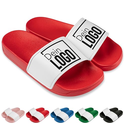 True Statements Badelatschen personalisiert mit eigenem Logo/Bild – selbst gestalten - Schlappen Slipper Slides | Firmen Werbe-Geschenke (Rot, Gr. 43) von True Statements