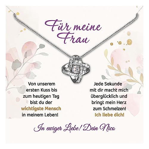 Halskette „Für meine Frau“ – 14 Karat Weißgold – inkl. Anhänger, Geschenk-Box mit personalisierter Grußkarte & eigenem Text – Geschenke für Frauen | Schatz Geliebte Freundin Ehefrau (Knoten) von True Statements