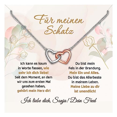 Halskette „Für meinen Schatz“ – 14 Karat Weißgold – inkl. Anhänger, Geschenk-Box mit personalisierter Grußkarte & eigenem Text – Geschenke für Frauen | Schatz Geliebte Freundin Ehefrau (Doppelherz) von True Statements