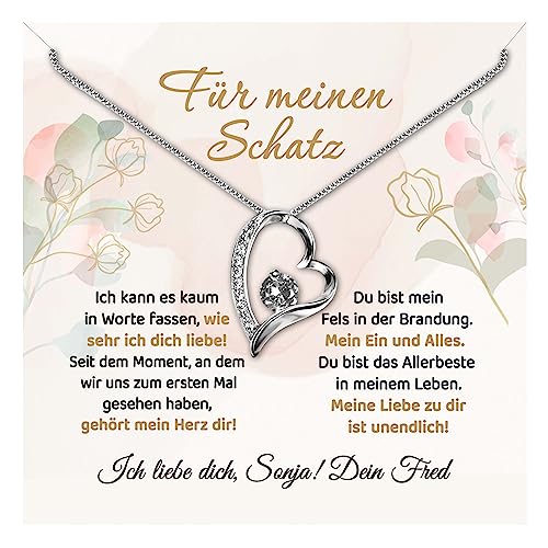 Halskette „Für meinen Schatz“ – 14 Karat Weißgold – inkl. Anhänger, Geschenk-Box mit personalisierter Grußkarte & eigenem Text – Geschenke für Frauen | Schatz Geliebte Freundin Ehefrau (Herz) von True Statements