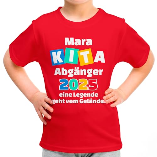 „Kita Abgänger 2025“ - Kinder T-Shirt Schulkind letzter Tag im Kindergarten für Mädchen Jungen mit Namen personalisiert - Geschenk Einschulung Erstklässler, Motiv: Legende, Rot, Gr. 140 von True Statements