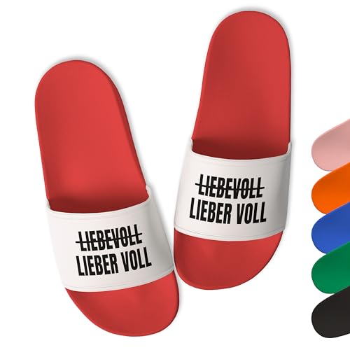 Lustige Badelatschen „Liebevoll Lieber voll” - Trendige Party Schlappen Herren Damen Unisex - witzige Saufschlappen - aus robustem PVC, Rot, Gr. 42 von True Statements