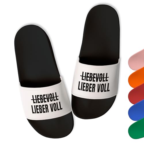 Lustige Badelatschen „Liebevoll Lieber voll” - Trendige Party Schlappen Herren Damen Unisex - witzige Saufschlappen - aus robustem PVC, Schwarz, Gr. 43 von True Statements