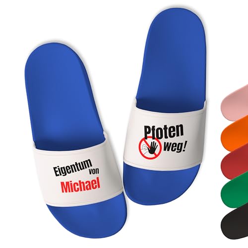 Lustige Badelatschen für Damen & Herren personalisiert „Pfoten Weg! Eigentum von Wunschname“ – Schlappen personalisiert mit Namen Badeschlappen Sommer - Geschenke Männer Frauen (Royalblau, Gr. 36) von True Statements