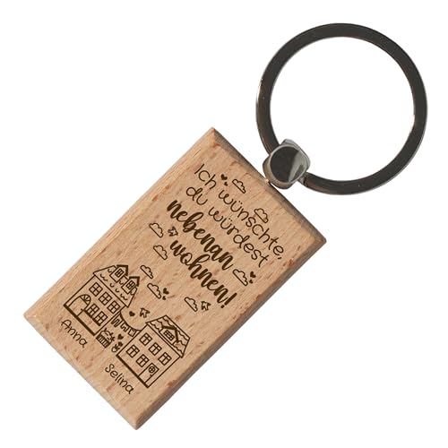 Holz-Schlüsselanhänger „Ich wünschte, du würdest nebenan wohnen“ personalisiert – Gravur mit Namen – Geschenk für beste Freundin BFF Abschied Umzug Freundschaftsgeschenk - ca. 3,3 x 5,4 cm von True Statements