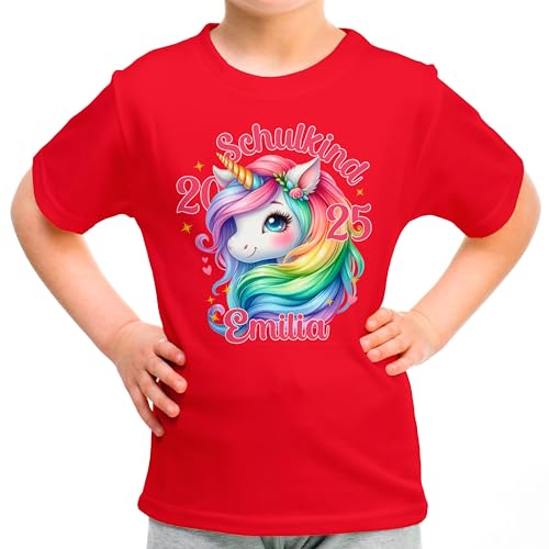 T-Shirt „Schulkind 2025“ für Mädchen mit Namen personalisiert - Geschenk Einschulung Schulbeginn Kindergartenabgänger 1. Klasse - Einhorn Pastellfarben, Rot, Gr. 128 von True Statements
