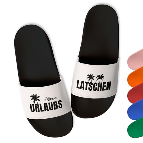 True Statements Badelatschen für Damen & Herren personalisiert „Latschen“ – Schlappen mit Namen Badeschlappen Hausschuhe Strand Sauna Urlaub Slipper - Geschenk-Idee Geburtstag Mann (Schwarz, Gr. 46) von True Statements