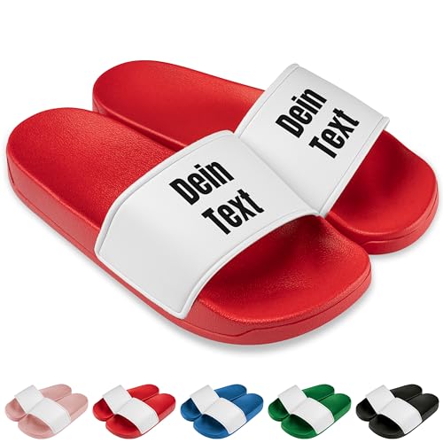 True Statements Badelatschen personalisiert „Wunschtext“ – Schlappen Slipper Slides - Geschenk zum Geburtstag, Weihnachten (Rot, 38) von True Statements