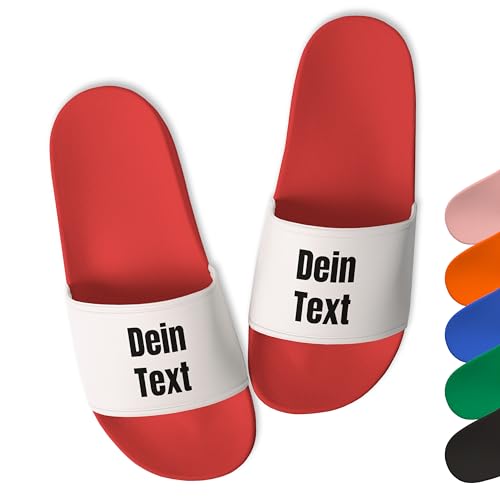 True Statements Badelatschen personalisiert „Wunschtext“ – Schlappen Slipper Slides - Geschenk zum Geburtstag, Weihnachten (Rot, 39) von True Statements