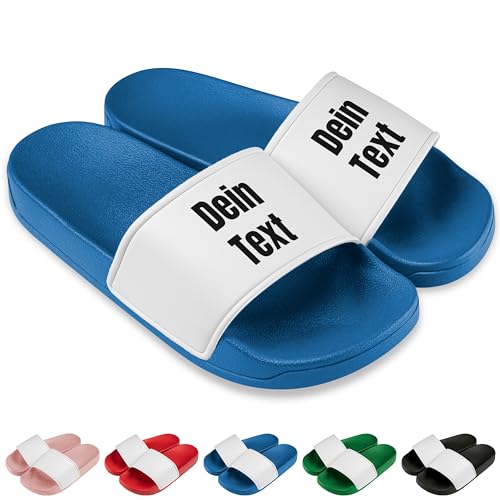 True Statements Badelatschen personalisiert „Wunschtext“ – Schlappen Slipper Slides - Geschenk zum Geburtstag, Weihnachten (Royalblau, 38) von True Statements