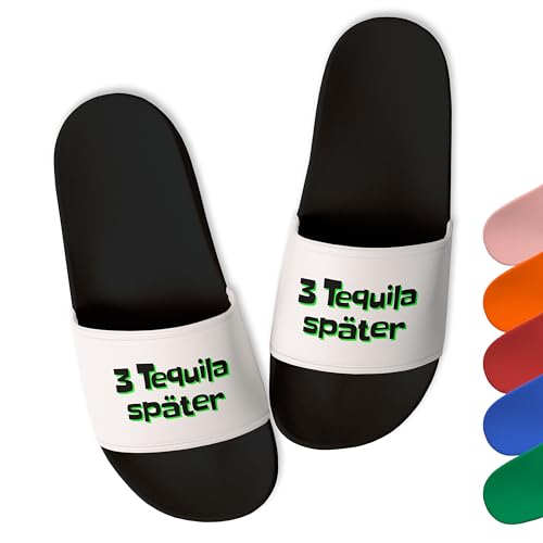 True Statements Lustige Badelatschen Damen & Herren „3 Tequila später” - Trendige Schlappen Latschen Hausschuhe Unisex - aus robustem PVC, Schwarz, Gr. 40 von True Statements