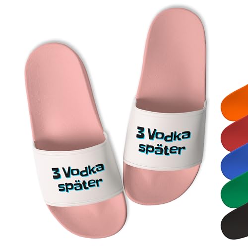 True Statements Lustige Badelatschen Damen & Herren „3 Vodka später” - Trendige Schlappen Latschen Hausschuhe Unisex - aus robustem PVC, Rosa, Gr. 39 von True Statements