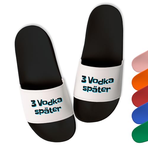 True Statements Lustige Badelatschen Damen & Herren „3 Vodka später” - Trendige Schlappen Latschen Hausschuhe Unisex - aus robustem PVC, Schwarz, Gr. 40 von True Statements