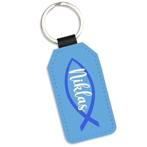 True Statements Schlüsselanhänger „Fisch“ personalisiert - religiöses christliches Symbol - Kunstleder – Geschenk Konfirmation Kommunion Firmung (Blau) von True Statements