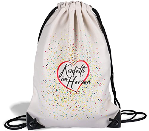 True Statements Sportbeutel mit Spruch „Konfetti im Herzen“ - Turnbeutel mit Kordelzug & Leinen-Haptik - 33x45cm - Gymbag Gymsack Backpack für Fasching Karneval Fastnacht von True Statements