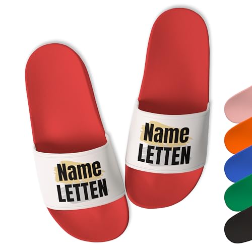 Trendige Badelatschen „Letten” personalisiert mit Wunschtext - aus robustem PVC - Damen, Herren, Unisex, Rot, Gr. 38 von True Statements