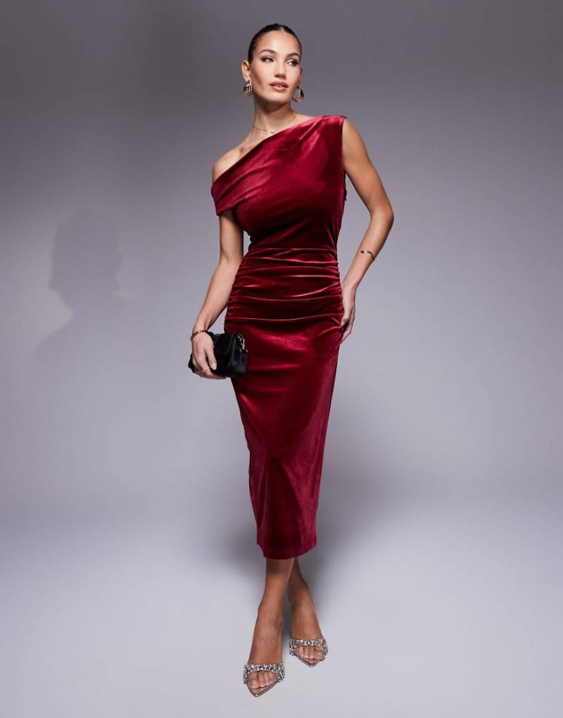 True Violet - Samt-Midikleid in Weinrot mit drapierter Schulterpartie von True Violet