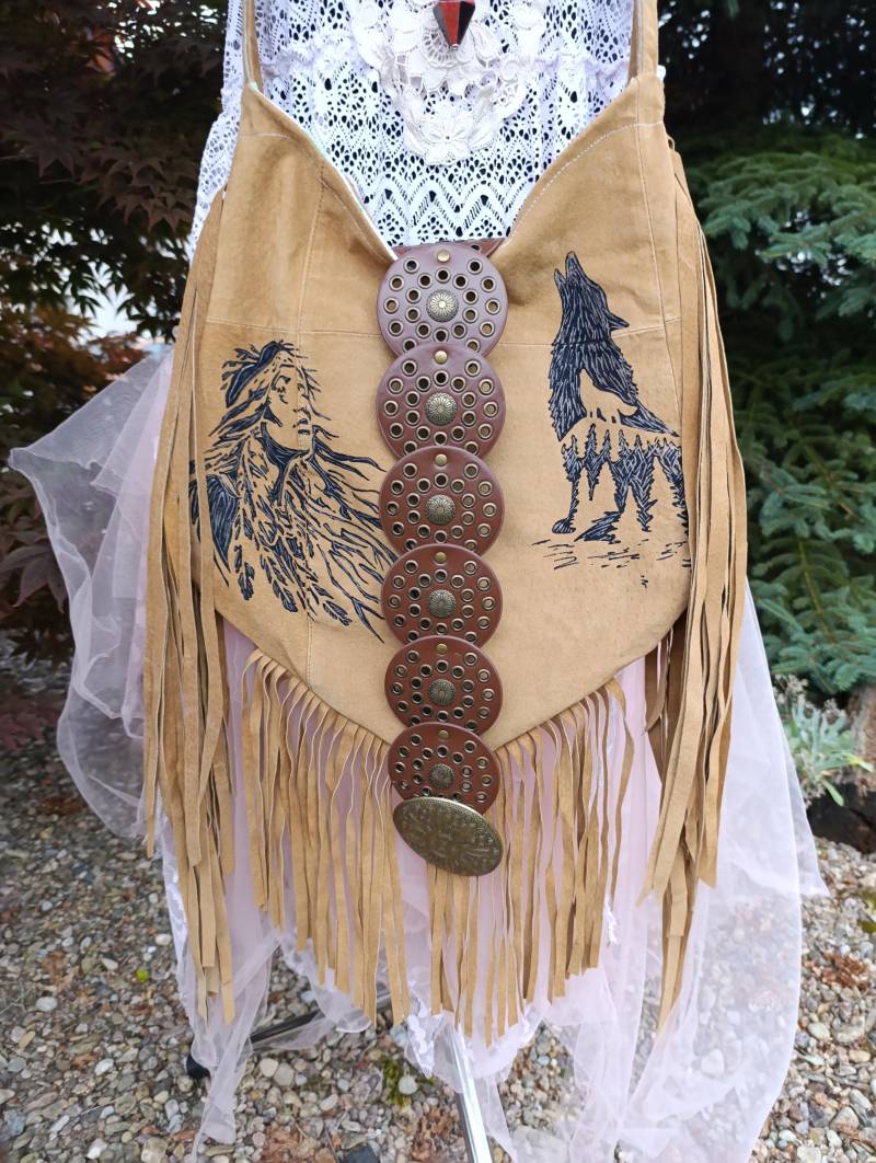 Handgemachte Ooak Braun Leder Fransen Festival Artisan Tasche Nachhaltige Mode Tragbar Kunst True Bohemian von TrueBohemia
