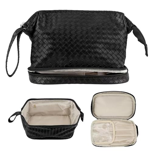 TrueLux Doppellagige Kosmetiktasche mit Pinselschlitzen, große tragbare Make-up-Kulturtasche für Damen, Mädchen, Männer, Schwarz, 2 Schichten von TrueLux