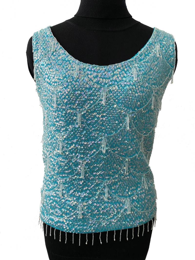Turquoise Beaded Wool Top With Sequins & Bead-Fringe, Size M von TrueVintagebyNatalia