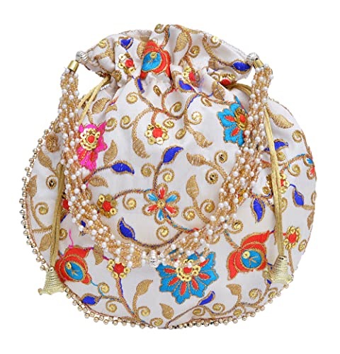 Indische bestickte Potli-Tasche für Damen, bestickt, Seide, Batwa, Perlengriff, Clutch, Geldbörse, Abendveranstaltung, Party, Hochzeit, Geschenke für Sie, gebrochenes weiß von Truesellershop