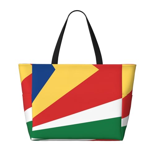 Strand-Reisetasche mit Flagge der Seychellen, faltbar, geräumig, große Kapazität, Strandtasche mit Reißverschluss, Schwarz, Einheitsgröße von Trukd