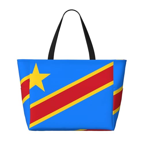 Strand-Reisetasche mit Flagge des Kongo, faltbar, geräumig, große Kapazität, Strandtasche mit Reißverschluss, Schwarz, Einheitsgröße von Trukd