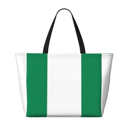 Strand-Reisetasche mit Flagge von Nigeria, faltbar, geräumig, große Kapazität, Strandtasche mit Reißverschluss, Schwarz, Einheitsgröße von Trukd