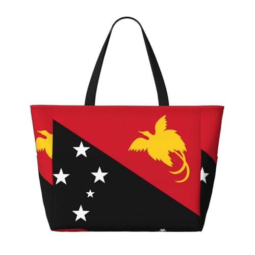 Strand-Reisetasche mit Flagge von Papua, Neuguinea, faltbar, geräumig, große Kapazität, Strandtasche, Tragetasche mit Reißverschluss, Schwarz, Einheitsgröße, Schwarz, One Size von Trukd