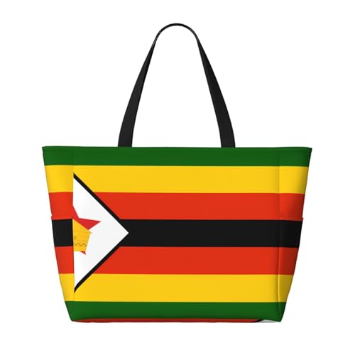 Strand-Reisetasche mit Flagge von Simbabwe, faltbar, geräumig, große Kapazität, Strandtasche, Tragetasche mit Reißverschluss, Schwarz, Einheitsgröße von Trukd