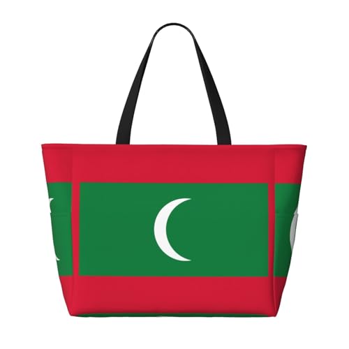 Strand-Reisetasche mit großer Kapazität, Motiv: Flagge der Malediven, faltbar, mit Reißverschluss, Schwarz, Einheitsgröße, Schwarz, One Size von Trukd