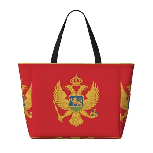 Strand-Reisetasche mit montenegrinischer Flagge, faltbar, geräumig, große Kapazität, Strandtasche, Tragetasche mit Reißverschluss, Schwarz, Einheitsgröße, Schwarz, One Size von Trukd