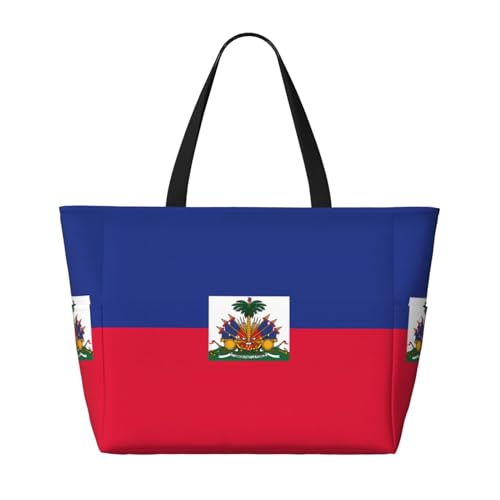 Strandtasche mit Haitianischer Flagge, faltbar, geräumig, große Kapazität, Strandtasche mit Reißverschluss, Schwarz, Einheitsgröße von Trukd