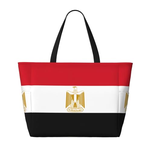 Strandtasche mit ägyptischer Flagge, geräumig, großes Fassungsvermögen, faltbare Strandtasche, Tragetasche mit Reißverschluss, Schwarz, Einheitsgröße von Trukd