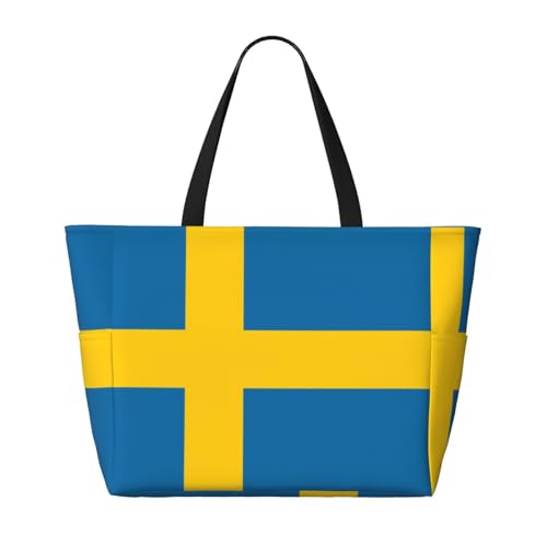 Strandtasche mit schwedischer Flagge, faltbar, geräumig, große Kapazität, Strandtasche mit Reißverschluss, Schwarz, Einheitsgröße von Trukd