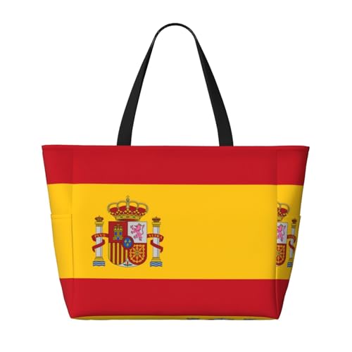 Strandtasche mit spanischer Flagge, faltbar, geräumig, große Kapazität, Strandtasche mit Reißverschluss, Schwarz, Einheitsgröße von Trukd