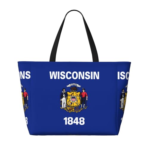 Wisconsin Strandtasche mit Staatsflagge, faltbar, geräumig, große Kapazität, Strandtasche mit Reißverschluss, Schwarz, Einheitsgröße von Trukd