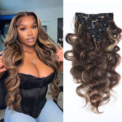 Clip in Haarverlängerungen Aus Echtem Menschenhaar 24 Zoll 60CM 120g #427 Highlight Blond Unsichtbare Nahtlose Gewellte Echthaar Clip in Extensions Für Frauen 8 Stück Mit Doppeltem Schuss von Trumore