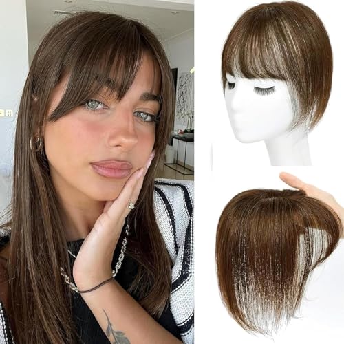 Echthaar Topper Mit Pony 360° 3D Abdeckung Topper Für Frauen Remy Echthaarteile Für Frauen Mit Dünner Werdendem Haar Glatter Clip in Pony Mit Toppers(Dunkelbraun #2, 20cm 8 Zoll) von Trumore