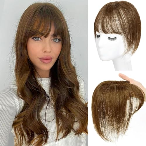 Echthaar Topper Mit Pony 360° 3D Abdeckung Topper Für Frauen Remy Echthaarteile Für Frauen Mit Dünner Werdendem Haar Glatter Clip in Pony Mit Toppers(Hellbraun #6, 20cm 8 Zoll) von Trumore