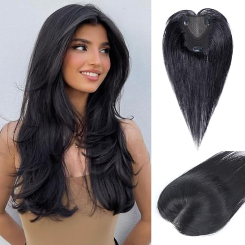 Haarteile Für Frauen Echtes Menschenhaar 30cm 360° Abdeckung Remy Menschenhaar Topper Für Frauen Mit Dünner Werdendem Haar Realistische Kopfhaut Zum Einclipsen Glattes Haar (#1B, Seitlicher Pony) von Trumore