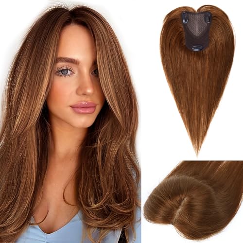 Haarteile Für Frauen Echtes Menschenhaar 30cm 360° Haarteil Aus Menschenhaar Für Frauen Mit Dünner Werdendem Haar Realistische Kopfhaut Zum Einclipsen Glattes Haar (Hellbraun #6, Seitlicher Pony) von Trumore