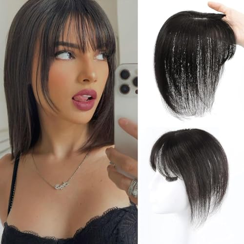 Haarteile Für Frauen Echthaar Mit Pony 360° 3D Abdeckung Künstlicher Pony Glattes Echthaar Topper Mit Dünner Werdendem Haar Clip in Pony Realistische Kopfhaut Mit Haarteilen (1B# 8 Zoll 20cm) von Trumore