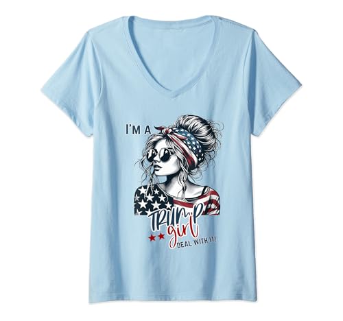 Damen Ich bin ein Trump-Mädchen Get Over It Unordentliche Brötchen Frauen Trump 2024 T-Shirt mit V-Ausschnitt von Trump Girl 2024 Design