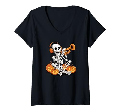 Damen Halloween Skelett Trompete Trompeter T-Shirt mit V-Ausschnitt Damen Halloween Skelett Trompete Trompeter T-Shirt mit V-Ausschnitt von Trumpet Gift For A Trumpeter