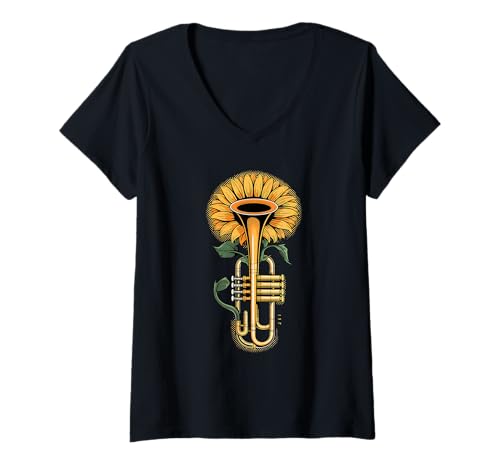 Damen Sonnenblumen Trompete Musik Trompeter Jazzmusiker T-Shirt mit V-Ausschnitt von Trumpet Gift For A Trumpeter