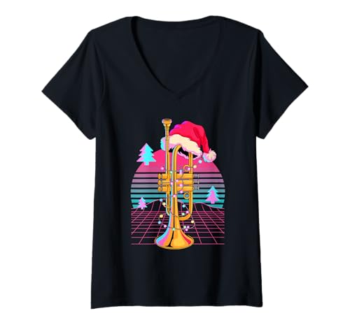 Damen Weihnachten Synthwave Trompete Trompeter T-Shirt mit V-Ausschnitt Damen Weihnachten Synthwave Trompete Trompeter T-Shirt mit V-Ausschnitt von Trumpet Gift For A Trumpeter