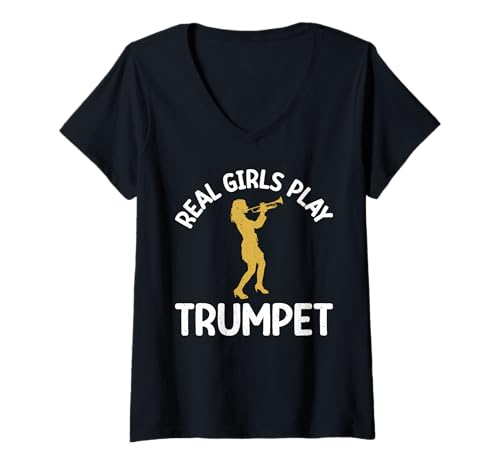 Damen Echte Mädchen Spielen Trompete T-Shirt mit V-Ausschnitt von Trumpet Gifts & Trumpet Player Gifts